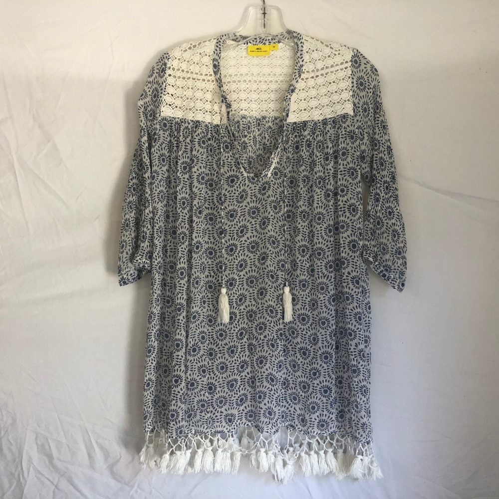 Roberta Roller Rabbit Tunic Top Womens‎ XS Blue White Crochet Lace Tassel Fringe